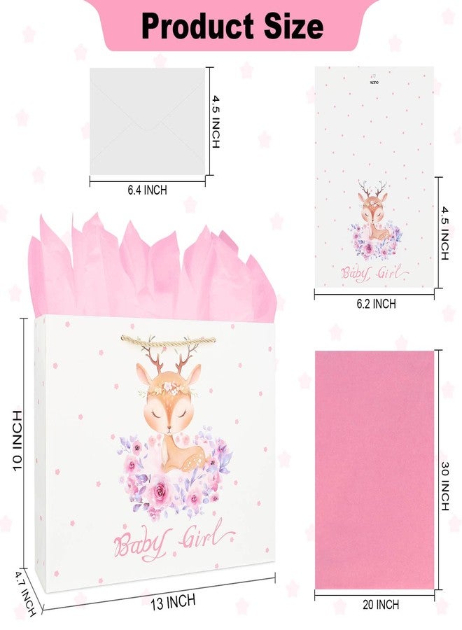 Oletx 13" Baby Shower Pink Gift Bag,Pink Party Favor Bag With Tissue Paper Greeting Card(Deer Design) - Image 4
